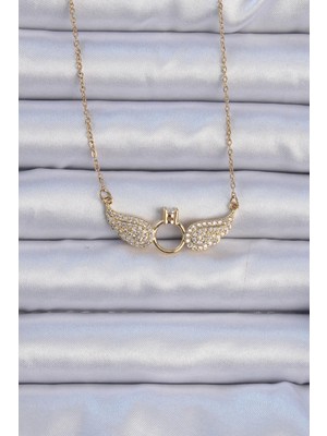 Ebijuteri 316L Çelik Zincir Altın Renk Kanatlı Tektaş Kolye