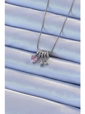 Ebijuteri 316L Çelik Zincir Gümüş Renk Zirkon Taşlı Charm Model Kolye
