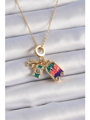 Ebijuteri 316L Çelik Gold Renk Zirkon Taşlı Uçak Bavul Figür Charm Model Kadın Kolye