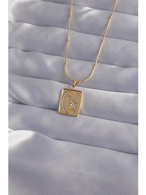 Ebijuteri 316L Çelik Zincir Gold Renk Zirkon Taşlı Ay Yıldız Figürlü Tarot Kolye