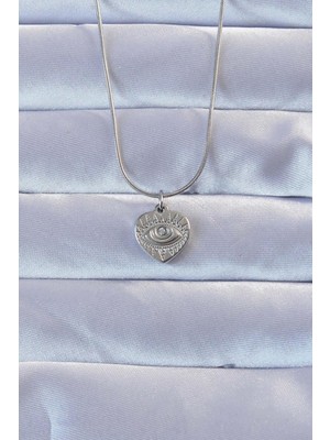 Ebijuteri 316L Gümüş Renk Zirkon Taşlı Işlemeli Göz Detay Kalp Kolye