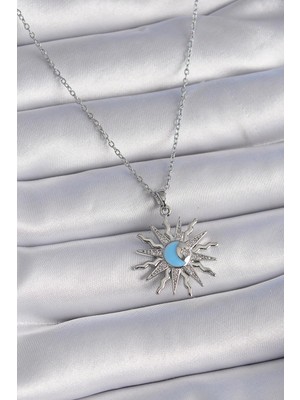 Ebijuteri 316L Çelik Gümüş Renk Zincir Zirkon Taşlı Güneş Figür Kadın Kolye