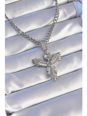 Ebijuteri 316L Çelik Gümüş Renk Zirkon Taşlı Anka Kuşu Model Kolye