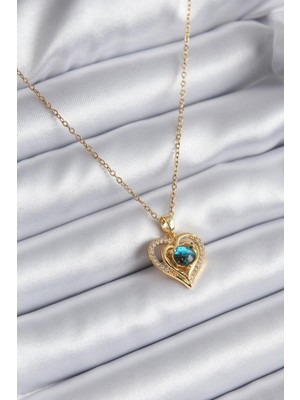 Ebijuteri 316L Çelik Gold Renk Zirkon Taşlı Kalp Galaksi Model Kadın Kolye