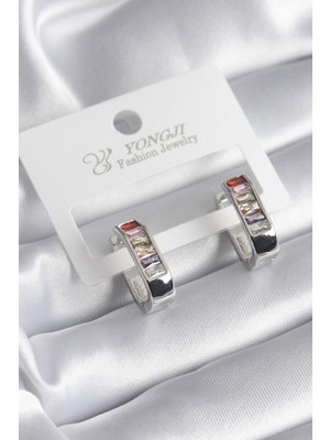 Ebijuteri Pirinç Gümüş Renk Renkli Zirkon Taşlı Kadın Küpe