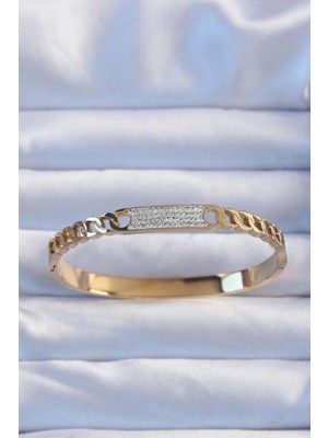 Ebijuteri 316L Çelik Altın Renk Zirkon Taşlı Zincir Desenli Kelepçe