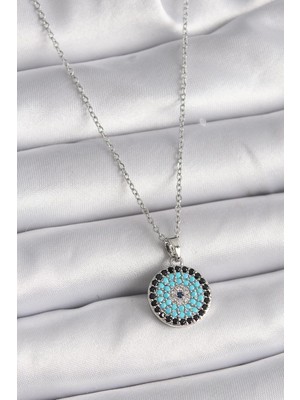 Ebijuteri 316L Çelik Gümüş Renk Zincir Nazar Boncuk Madalyon Model Kadın Kolye