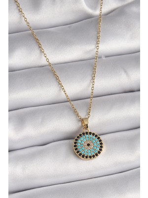 Ebijuteri 316L Çelik Gold Renk Zincir Zirkon Taşlı Nazar Boncuk Madalyon Model Kadın Kolye