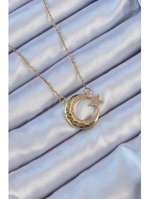 Ebijuteri 316L Çelik Zincir Altın Renk Zirkon Taşlı Motifli Ay Yıldız Kolye