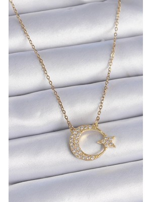 Ebijuteri 316L Çilek Zincir Gold Renk Zirkon Taşlı Ay Yıldız Model Kadın Kolye