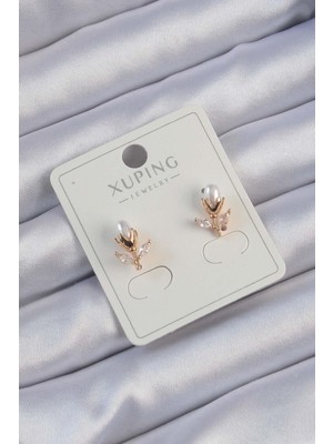 Ebijuteri Xuping Rose Renk Zirkon Taşlı Incili Lale Çiçeği Küpe