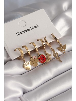 Ebijuteri 316L Çelik Gold Renk Çoklu Figür Model Kadın Küpe Seti