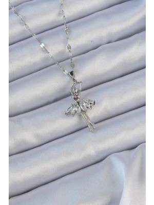 Ebijuteri 316L Çelik Zincir Gümüş Renk Zirkon Taşlı Balerin Kolye