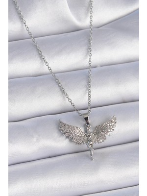 Ebijuteri 316L Çelik Zincir Gümüş Renk Zirkon Taşlı Melek Model Kadın Kolye