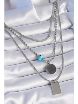 Ebijuteri 316L Çelik Gümüş Renk 3'lü Zincir Model Plaka Figür Kadın Kolye