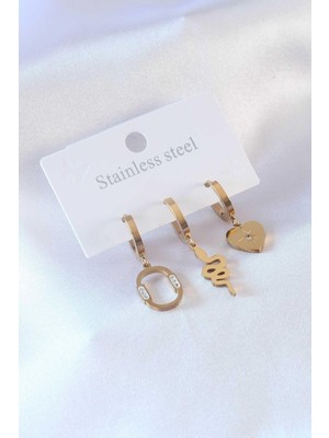 Ebijuteri 316L Çelik Gold Renk Yılan Model Kalp Detay Zirkon Taşlı Kadın Küpe