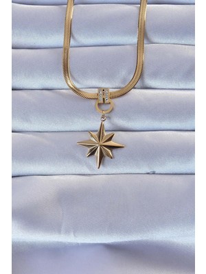 Ebijuteri 316L Çelik Altın Renk Zirkon Taşlı Italyan Zincirli Kutup Yıldızı Kolye