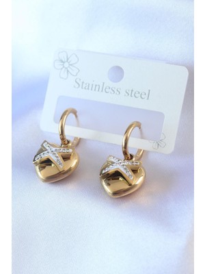 Ebijuteri 316L Çelik Gold Renk Zirkon Taş Detay Kalp Model Kadın Küpe