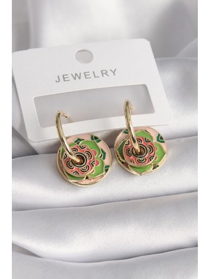 Ebijuteri Pirinç Gold Renk Pembe Yeşil Renkli Motif Model Kadın Küpe