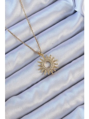 Ebijuteri 316L Çelik Zincir Altın Renk Zirkon Taşlı Parlayan Güneş Kolye
