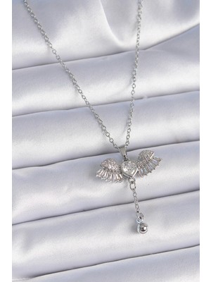 Ebijuteri 316L Çelik Zincir Gümüş Renk Zirkon Taşlı Kanat Model Sallantı Detay Kadın Kolye