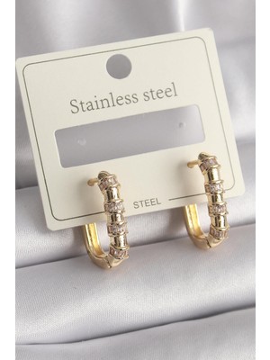 Ebijuteri 316L Çelik Gold Renk Zirkon Taşlı Halka Model Kadın Küpe