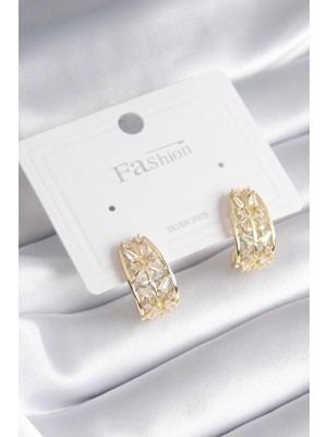 Ebijuteri Pirinç Gold Renk Zirkon Taşlı Kadın Küpe