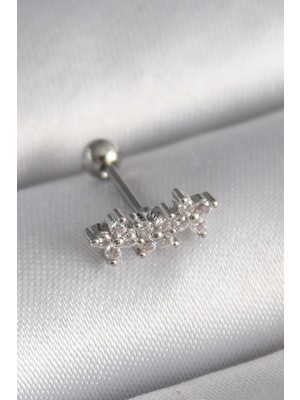 Ebijuteri 316L Çelik Gümüş Renk Zirkon Taşlı Yonca Tragus Piercing