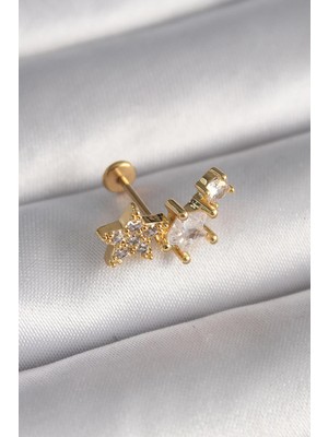 Ebijuteri 316L Çelik Gümüş Renk Zirkon Taşlı Yıldız Model Tragus Piercing