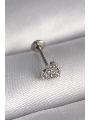 Ebijuteri 316L Çelik Gümüş Renk Zirkon Taşlı Kalp Model Tragus Piercing