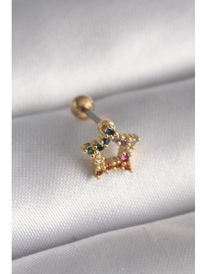 Ebijuteri 316L Çelik Gold Renk Renkli Zirkon Taşlı Yıldız Model Tragus Piercing