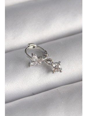 Ebijuteri 316L Çelik Gümüş Renk Zirkon Taşlı Kelebek Model Sallantı Detay Tragus Piercing