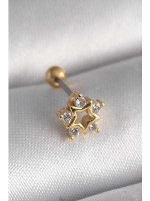Ebijuteri 316L Çelik Gold Renk Zirkon Taşlı Yıldız Model Tragus Piercing