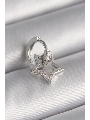 Ebijuteri 316L Çelik Gümüş Renk Zirkon Taşlı Sallantı Yıldız Model Tragus Piercing