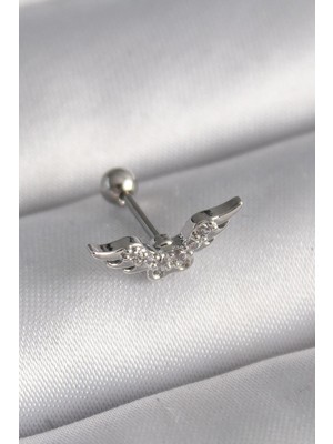 Ebijuteri 316L Çelik Gümüş Renk Zirkon Taş Detay Kanat Model Tragus Piercing