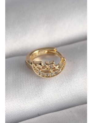 Ebijuteri 316L Çelik Gold Renk Zirkon Taşlı Ay Yıldız Model Tragus Piercing