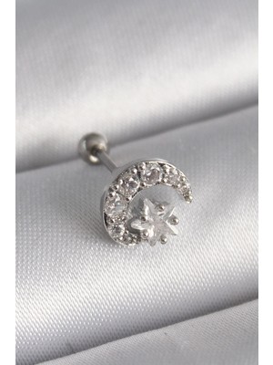 Ebijuteri 316L Çelik Gümüş Renk Zirkon Taşlı Ay Yıldız Tragus Piercing