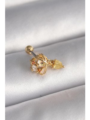 Ebijuteri 316L Çelik Gold Renk Zirkon Taşlı Sallantı Kalp Detay Tragus Piercing