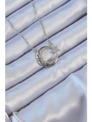 Ebijuteri 316L Çelik Zincir Gümüş Renk Zirkon Taşlı Motifli Ay Yıldız Kolye