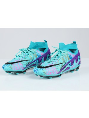 Twingo Air Laliga Çoraplı Krampon Turkuaz Mor Çocuklar İçin Profesyonel Futbol Ayakkabısı