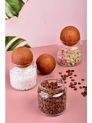 Meturas 3'lü Ahşap Top Kapaklı Cam Kavanoz Seti - 300 ml
