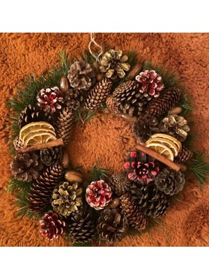 Tekno Trust Süs Yeniyıl Kapısüsü Çelenk Masa Süsü Kozalak Kırmızı 30 x 30 Ahşap