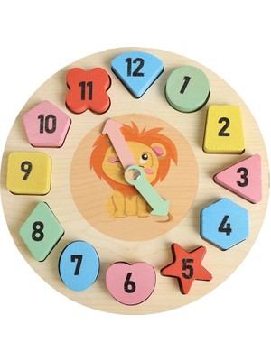 Teknotrust 12 Ahşap Montessori Eğitici Oyuncak Renkli Geometrik Puzzle Saat 3+ Yaş Kahverengi