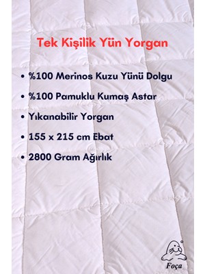 Foçatex %100 Doğal Merinos Kuzu Yünü Dolgulu Yıkanabilir  Yün Yorgan (Tek veya Çift Kişilik)