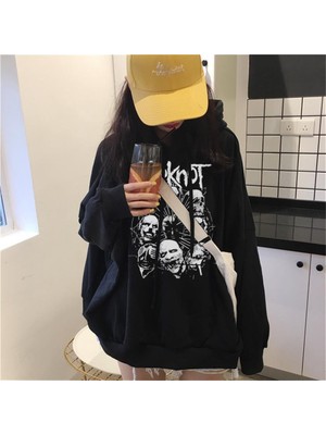 Gossip Team  Slipknot Skulls Baskılı Siyah Unisex Oversize Kapüşonlu Sweatshirt