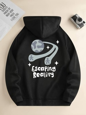 Gossip Team  Sırt Baskılı Escaping Reality Siyah Kapşonlu Sweatshirt