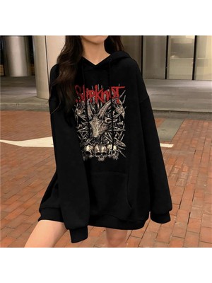 Gossip Team  Slipknot Goat Skulls Baskılı Siyah Unisex Oversize Kapüşonlu Sweatshirt