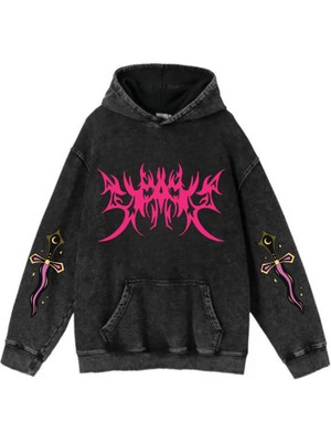 Gossip Team  Yıkamalı Kumaş Gothic Pink Grafiti Kapüşonlu Hoodie Sweatshirt