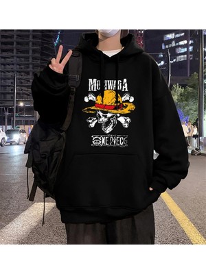 Gossip Team  One Piece Mugiwara Baskılı Siyah Unisex Oversize Kapüşonlu Sweatshirt