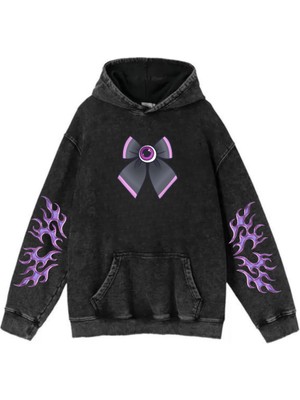 Gossip Team   Yıkamalı Kumaş Gothic Ribbon Kapüşonlu Hoodie Sweatshirt